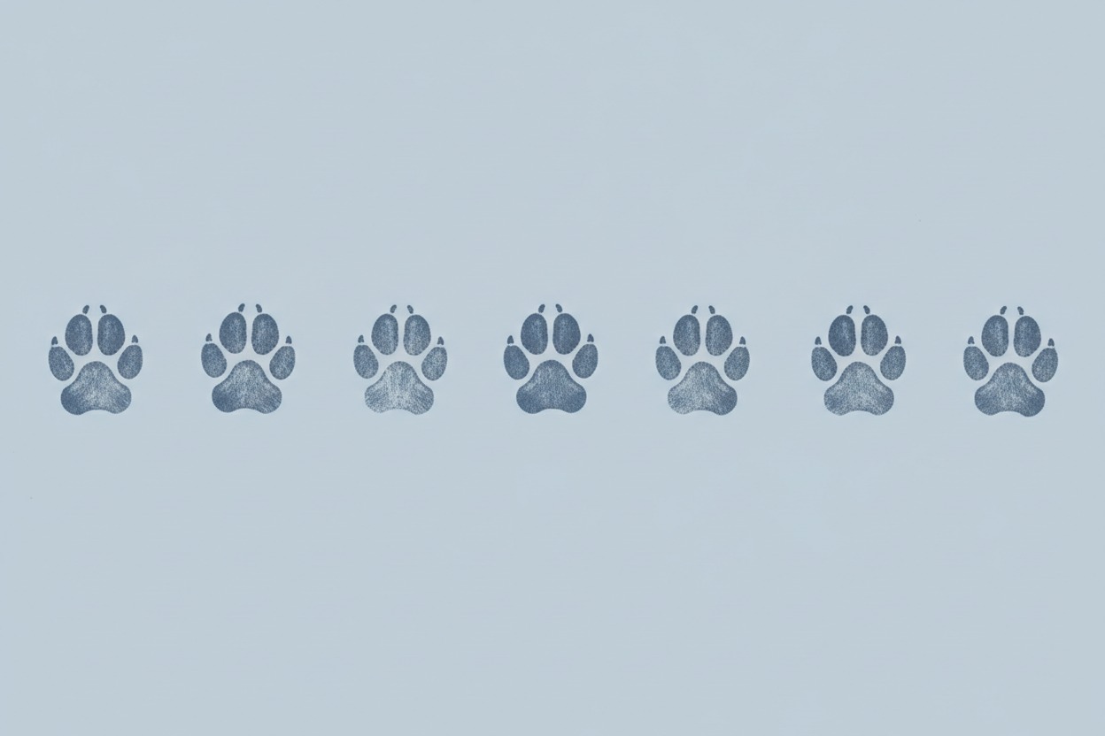 A horizontal row of seven dark gray paw prints is centered on a light blue background.
